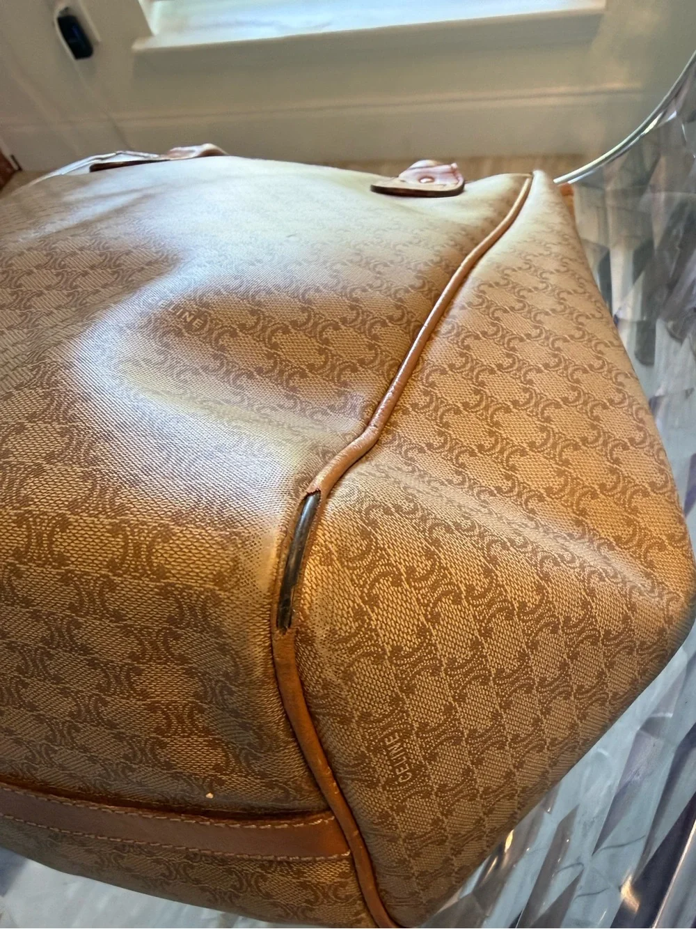 Celine Beige Monogram Tote with Tan Leather Crest